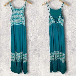 Entro Tiered Maxi Dress Tie Back Aqua Blue Bohemian Summer Beach Long Festival S